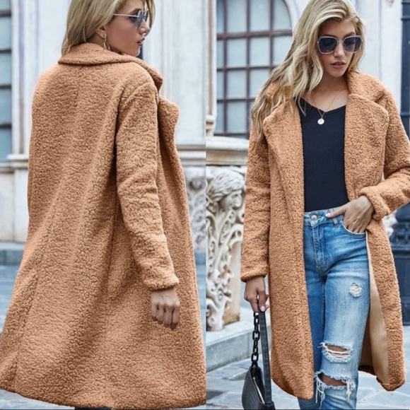 Tan fur long teddy jacket coat fall trench coat - Picture 6 of 6